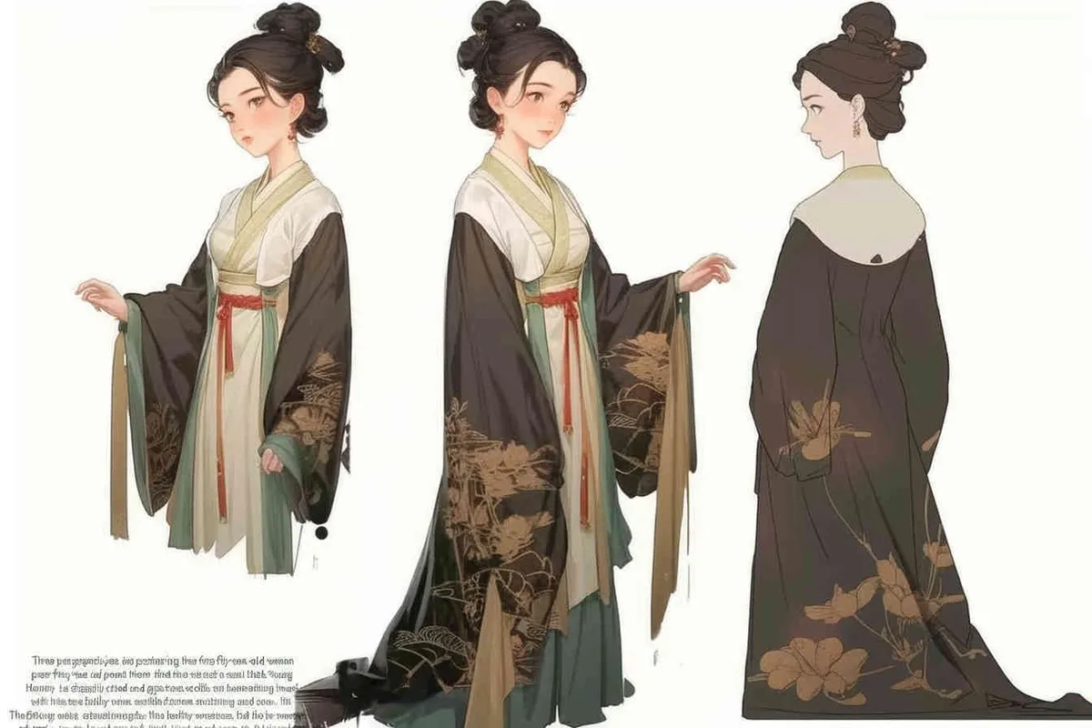 Three views , namely the front view , the side view and the back view，and full body, A fifty year old woman from the Song Dynasty, dressed in black Hanfu, with curled hair, a cross collar, a green lining, a skirt, and a walking pose,  A three view view view, front, side,  DeI stijil,chibi style, white background,  ancient style IP design,traditional Chinese ink painting style, minimalism, and ink painting,back view - style4部分