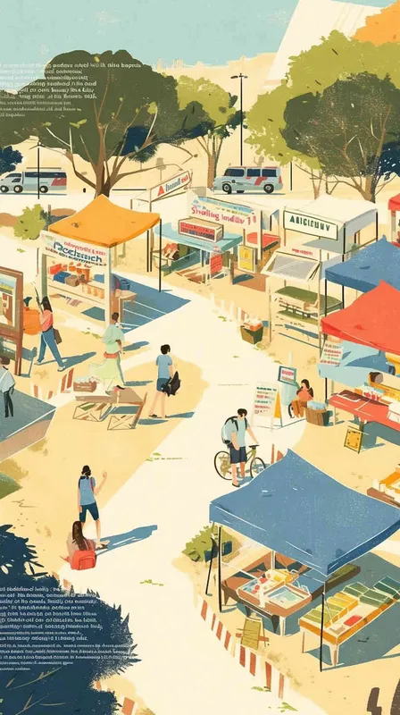A simple floor plan of an outdoor campus with various stalls selling goods at the campus market. People are walking around, enjoying this day. On one side of the billboard, it reads “AD Calcium Milk”. Students are playing backstage. The warm pink color palette is used for high angle photography. There are some cars passing by on a nearby heart-shaped road. The style is simple and clean, with soft colors and delicate lines. It is a sunny summer afternoon with soft light. College students are painting in a minimalist and clean style, with soft colors and delicate lines.  – AI绘画作品展示 | Midjourney中文版生成