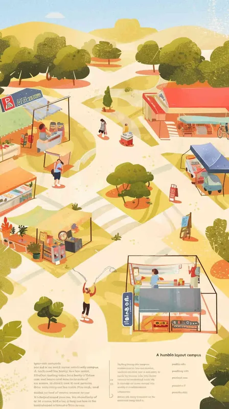 A simple floor plan of an outdoor campus with various stalls selling goods at the campus market. People are walking around, enjoying this day. On one side of the billboard, it reads 
