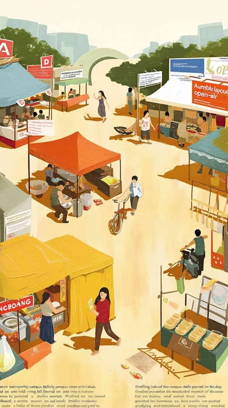A simple floor plan of an outdoor campus with various stalls selling goods at the campus market. People are walking around, enjoying this day. On one side of the billboard, it reads 