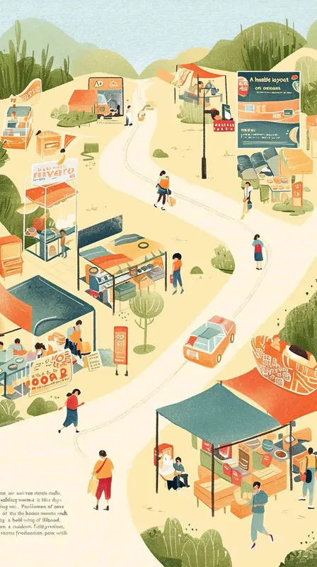 A simple floor plan of an outdoor campus with various stalls selling goods at the campus market. People are walking around, enjoying this day. On one side of the billboard, it reads 
