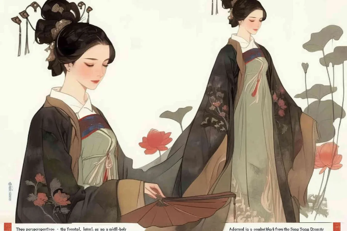 Three views , namely the front view , the side view and the back view，and full body, A fifty year old woman from the Song Dynasty, dressed in black Hanfu, with curled hair, a cross collar, a green lining, a skirt, and a walking pose, A three view view view, front, side, white background, ancient style IP design,traditional Chinese ink painting style, minimalism, and ink painting,back view - style1部分