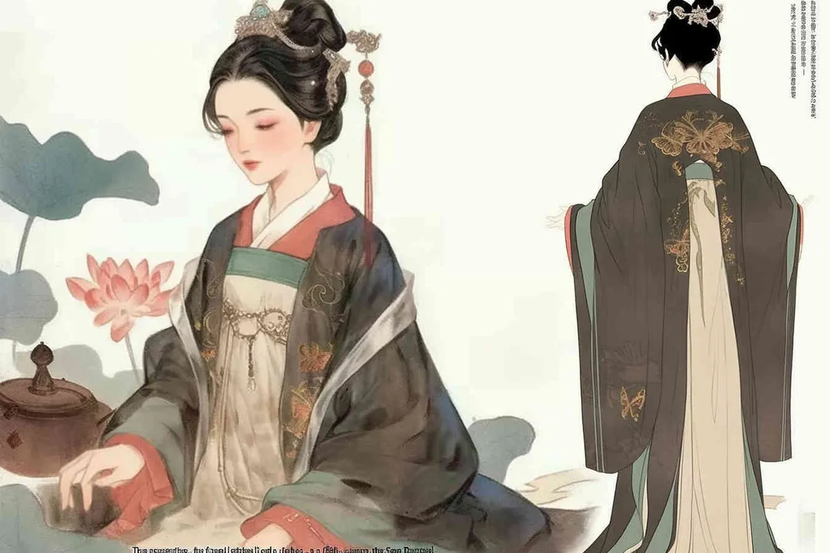 Three views , namely the front view , the side view and the back view，and full body, A fifty year old woman from the Song Dynasty, dressed in black Hanfu, with curled hair, a cross collar, a green lining, a skirt, and a walking pose, A three view view view, front, side, white background, ancient style IP design,traditional Chinese ink painting style, minimalism, and ink painting,back view - style2部分
