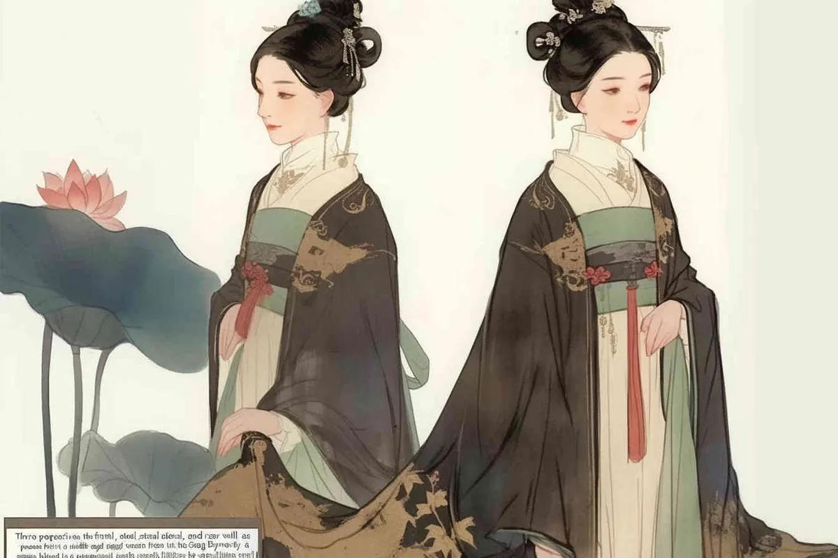 Three views , namely the front view , the side view and the back view，and full body, A fifty year old woman from the Song Dynasty, dressed in black Hanfu, with curled hair, a cross collar, a green lining, a skirt, and a walking pose, A three view view view, front, side, white background, ancient style IP design,traditional Chinese ink painting style, minimalism, and ink painting,back view - style3部分