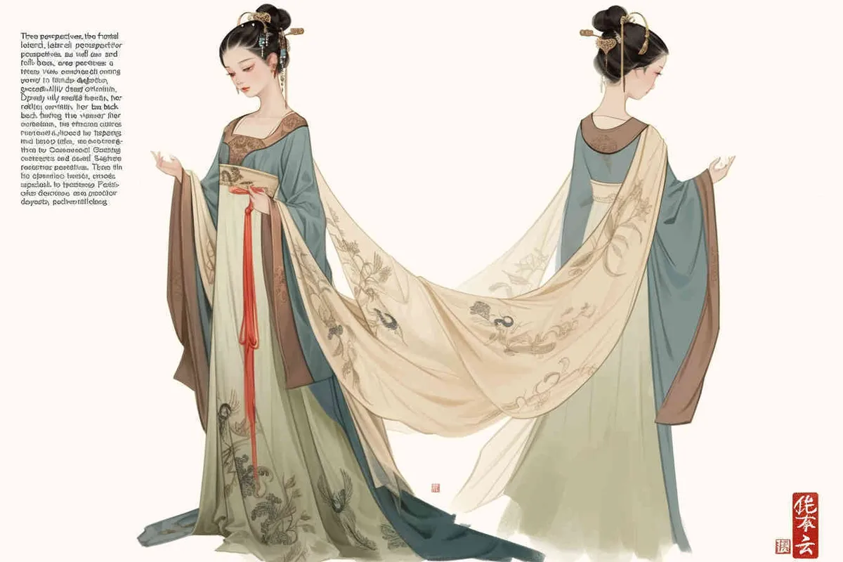 Three views , namely the front view , the side view and the back view，and full body, A rolling curtain maid from the Song Dynasty, with a back figure, two hands lifted ， her split head tied into a bun on both sides of her hair, dressed in Song Dynasty clothing, light blue Hanfu, and a walking pose,  A three view view view, front, side, white background,  ancient style IP design,traditional Chinese ink painting style, minimalism, and ink painting - style1部分