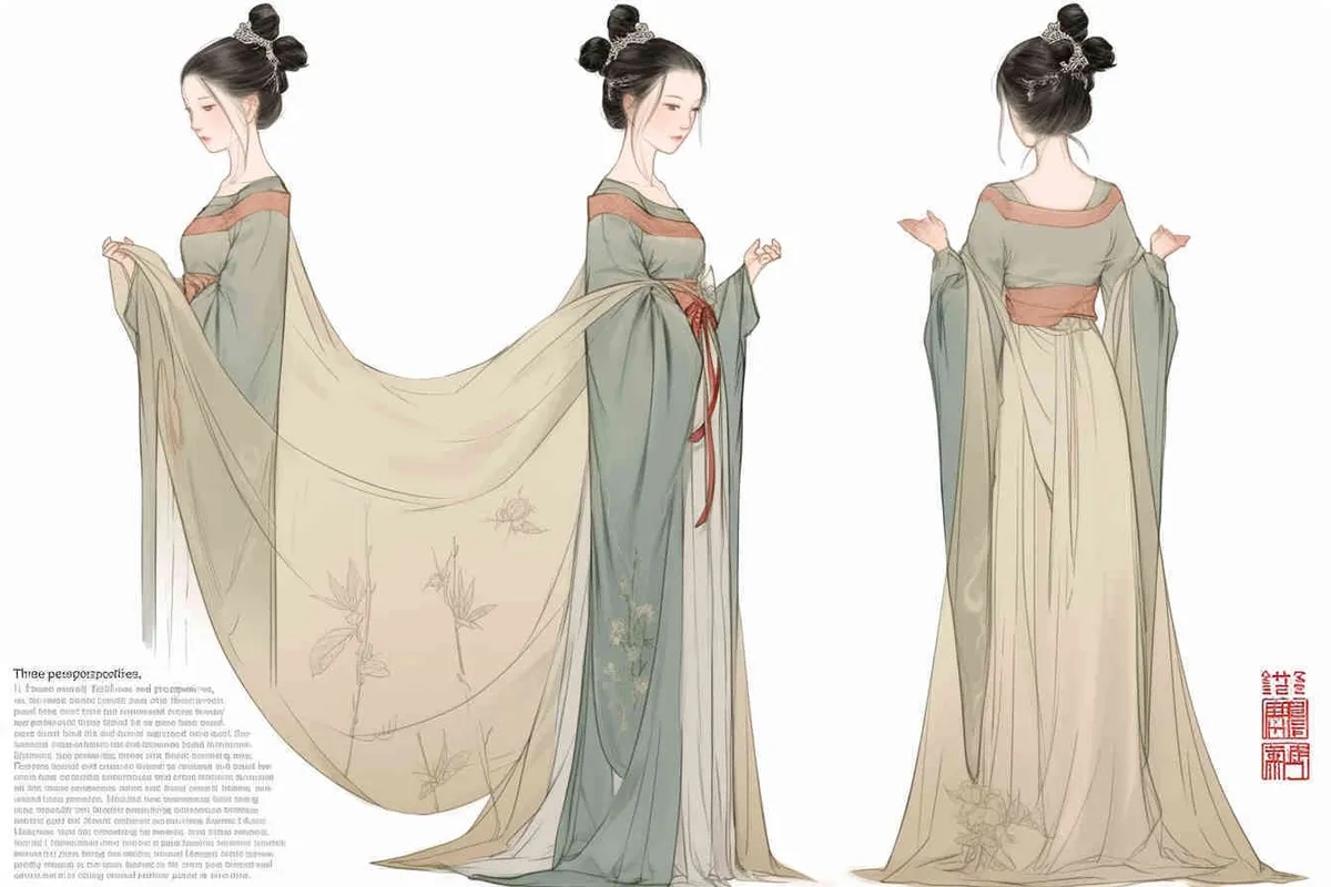 Three views , namely the front view , the side view and the back view，and full body, A rolling curtain maid from the Song Dynasty, with a back figure, two hands lifted ， her split head tied into a bun on both sides of her hair, dressed in Song Dynasty clothing, light blue Hanfu, and a walking pose,  A three view view view, front, side, white background,  ancient style IP design,traditional Chinese ink painting style, minimalism, and ink painting - style2部分