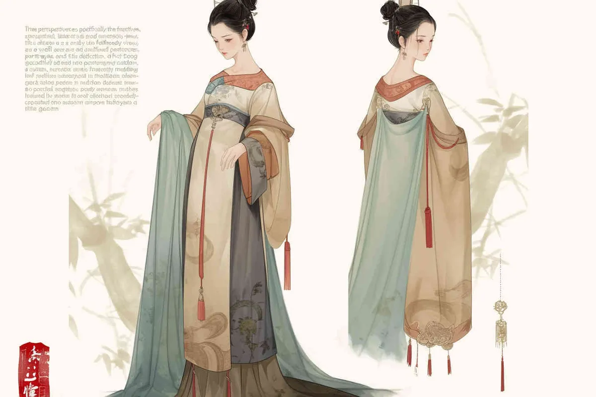 Three views , namely the front view , the side view and the back view，and full body, A rolling curtain maid from the Song Dynasty, with a back figure, two hands lifted ， her split head tied into a bun on both sides of her hair, dressed in Song Dynasty clothing, light blue Hanfu, and a walking pose,  A three view view view, front, side, white background,  ancient style IP design,traditional Chinese ink painting style, minimalism, and ink painting - style3部分