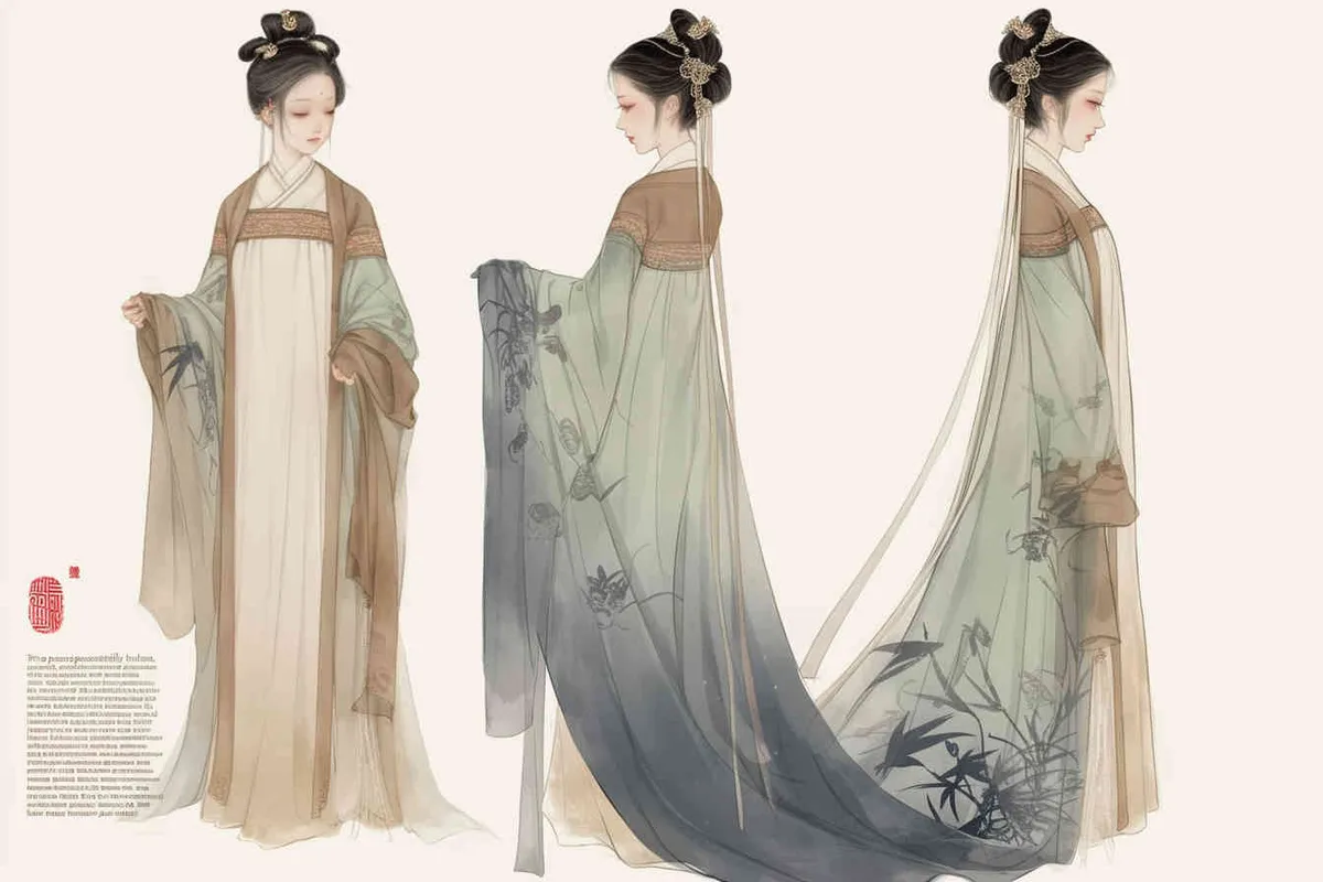 Three views , namely the front view , the side view and the back view，and full body, A rolling curtain maid from the Song Dynasty, with a back figure, two hands lifted ， her split head tied into a bun on both sides of her hair, dressed in Song Dynasty clothing, light blue Hanfu, and a walking pose,  A three view view view, front, side, white background,  ancient style IP design,traditional Chinese ink painting style, minimalism, and ink painting - style4部分