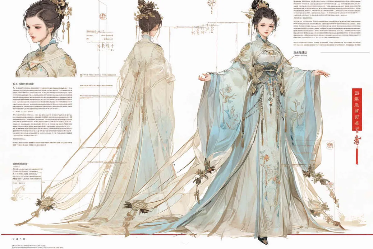 Three views , namely the front view , the side view and the back view，and full body, A rolling curtain maid from the Song Dynasty, with a back figure, two hands lifted ， her split head tied into a bun on both sides of her hair, dressed in Song Dynasty clothing, light blue Hanfu, and a walking pose,  A three view view view, front, side, white background,  ancient style IP design,traditional Chinese ink painting style, minimalism, and ink painting - style1部分