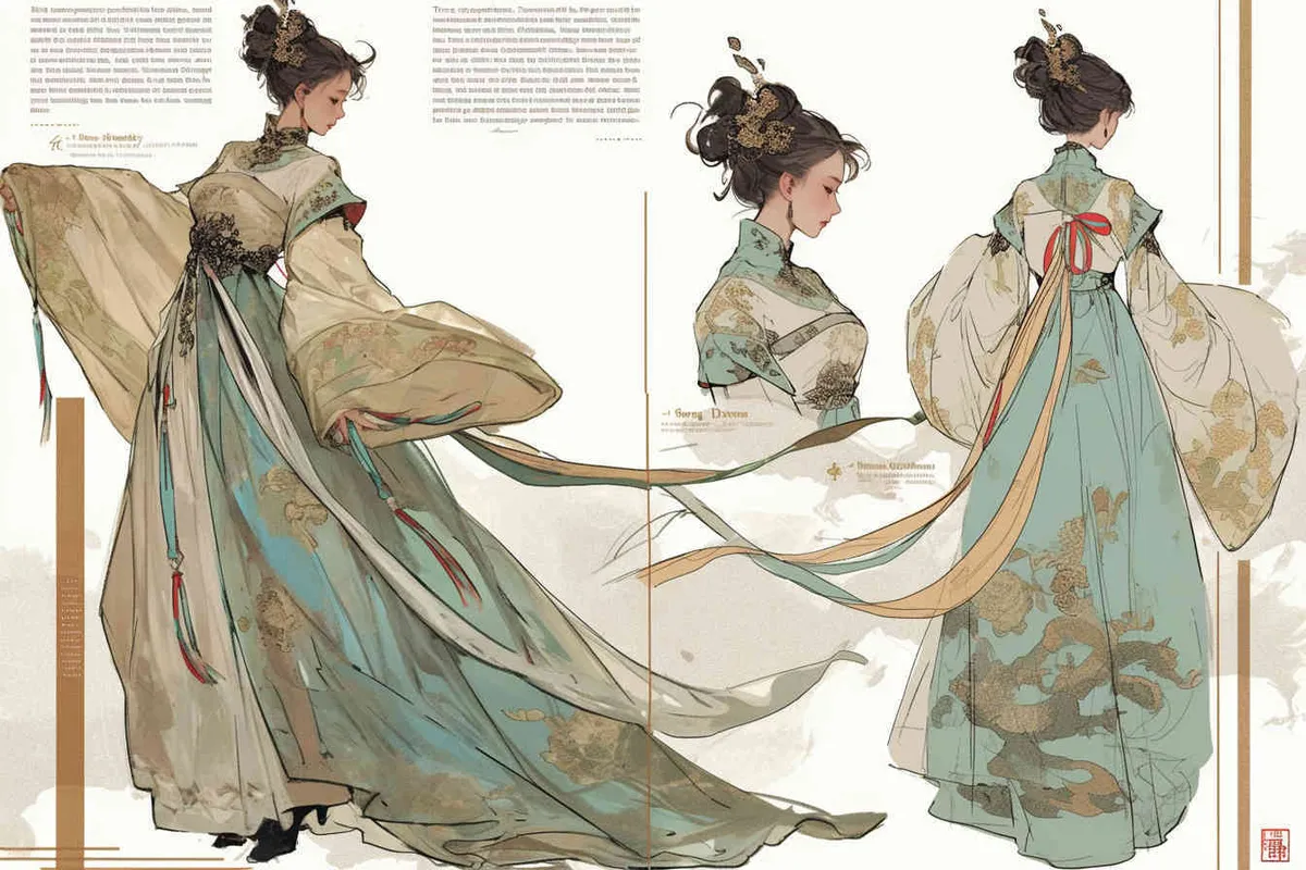 Three views , namely the front view , the side view and the back view，and full body, A rolling curtain maid from the Song Dynasty, with a back figure, two hands lifted ， her split head tied into a bun on both sides of her hair, dressed in Song Dynasty clothing, light blue Hanfu, and a walking pose,  A three view view view, front, side, white background,  ancient style IP design,traditional Chinese ink painting style, minimalism, and ink painting - style2部分