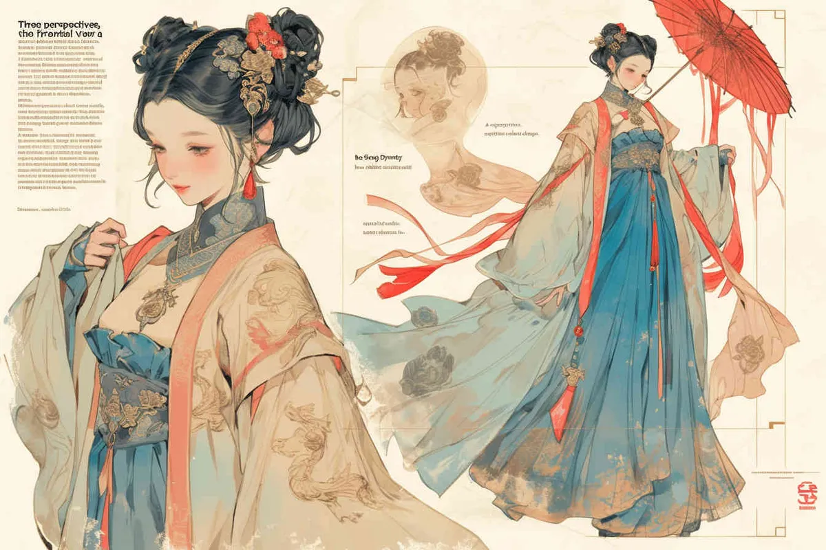 Three views , namely the front view , the side view and the back view，and full body, A rolling curtain maid from the Song Dynasty, with a back figure, two hands lifted ， her split head tied into a bun on both sides of her hair, dressed in Song Dynasty clothing, light blue Hanfu, and a walking pose,  A three view view view, front, side, white background,  ancient style IP design,traditional Chinese ink painting style, minimalism, and ink painting - style3部分