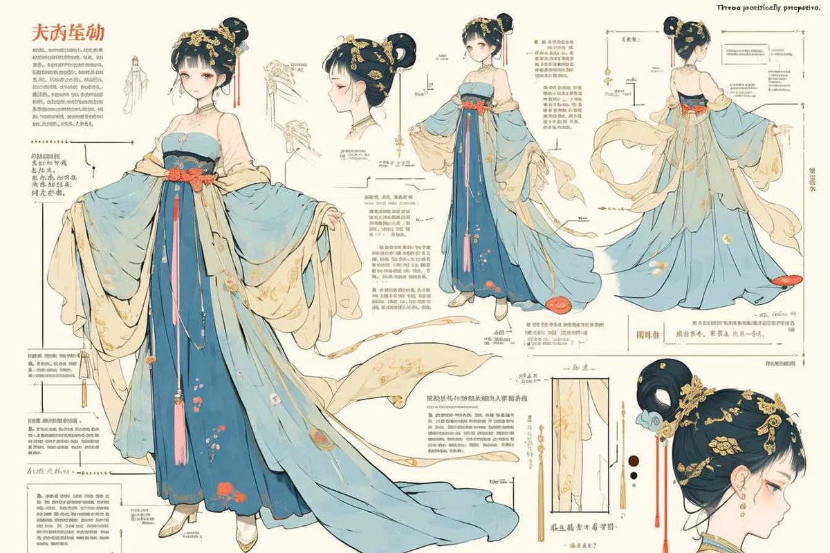 Three views , namely the front view , the side view and the back view，and full body, A rolling curtain maid from the Song Dynasty, with a back figure, two hands lifted ， her split head tied into a bun on both sides of her hair, dressed in Song Dynasty clothing, light blue Hanfu, and a walking pose,  A three view view view, front, side, white background,  ancient style IP design,traditional Chinese ink painting style, minimalism, and ink painting - style4部分