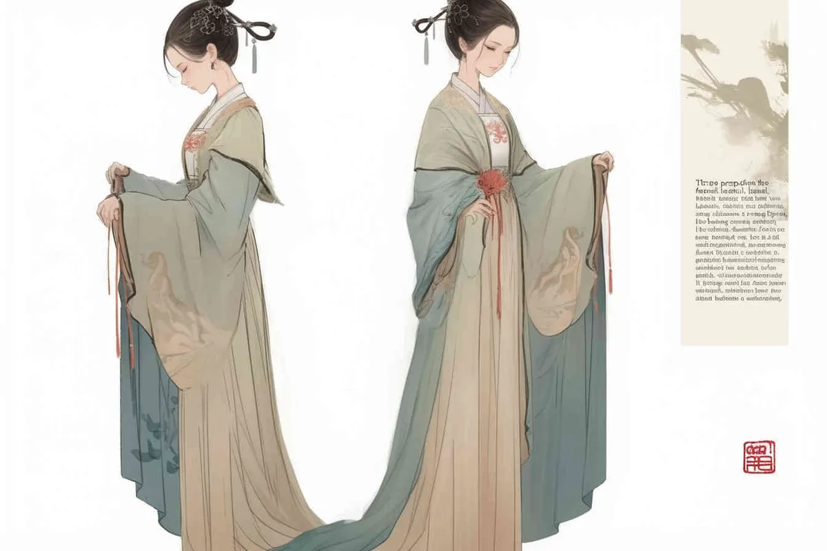 Three views , namely the front view , the side view and the back view，and full body, A rolling curtain maid from the Song Dynasty, with a back figure, two hands lifted ， her split head tied into a bun on both sides of her hair, dressed in Song Dynasty clothing, light blue Hanfu, and a walking pose,  A three view view view, front, side, white background,  ancient style IP design,traditional Chinese ink painting style, minimalism, and ink painting - style2部分