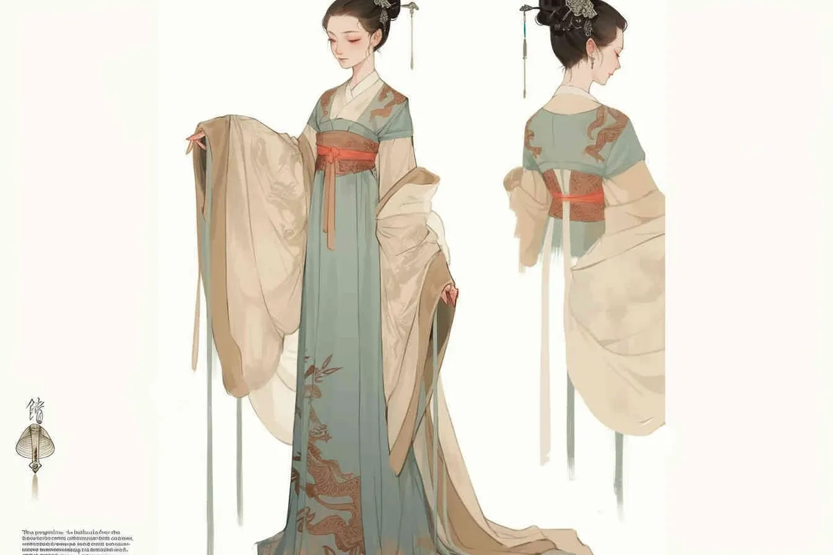 Three views , namely the front view , the side view and the back view，and full body, A rolling curtain maid from the Song Dynasty, with a back figure, two hands lifted ， her split head tied into a bun on both sides of her hair, dressed in Song Dynasty clothing, light blue Hanfu, and a walking pose,  A three view view view, front, side, white background,  ancient style IP design,traditional Chinese ink painting style, minimalism, and ink painting - style3部分