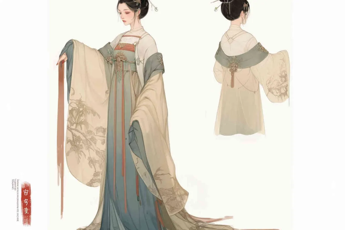 Three views , namely the front view , the side view and the back view，and full body, A rolling curtain maid from the Song Dynasty, with a back figure, two hands lifted ， her split head tied into a bun on both sides of her hair, dressed in Song Dynasty clothing, light blue Hanfu, and a walking pose,  A three view view view, front, side, white background,  ancient style IP design,traditional Chinese ink painting style, minimalism, and ink painting - style4部分