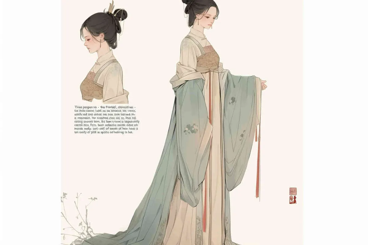 Three views , namely the front view , the side view and the back view，and full body, A rolling curtain maid from the Song Dynasty, with a back figure, two hands lifted ， her split head tied into a bun on both sides of her hair, dressed in Song Dynasty clothing, light blue Hanfu, and a walking pose,  A three view view view, front, side, white background,  ancient style IP design,traditional Chinese ink painting style, minimalism, and ink painting – AI绘画作品展示 | Midjourney中文版生成