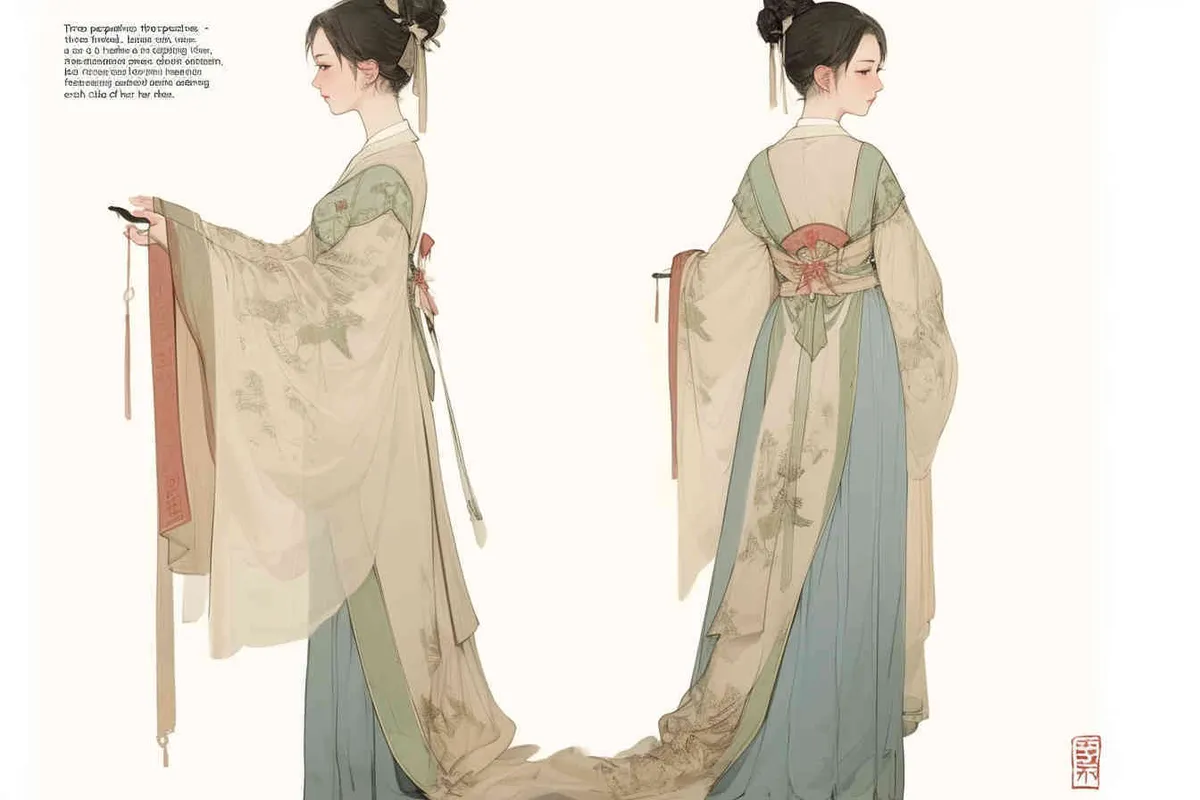 Three views , namely the front view , the side view and the back view，and full body, A rolling curtain maid from the Song Dynasty, with a back figure, two hands lifted ， her split head tied into a bun on both sides of her hair, dressed in Song Dynasty clothing, light blue Hanfu, and a walking pose,  A three view view view, front, side, white background,  ancient style IP design,traditional Chinese ink painting style, minimalism, and ink painting - style2部分