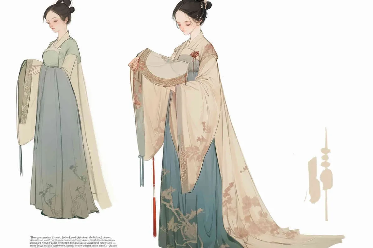 Three views , namely the front view , the side view and the back view，and full body, A rolling curtain maid from the Song Dynasty, with a back figure, two hands lifted ， her split head tied into a bun on both sides of her hair, dressed in Song Dynasty clothing, light blue Hanfu, and a walking pose,  A three view view view, front, side, white background,  ancient style IP design,traditional Chinese ink painting style, minimalism, and ink painting - style3部分