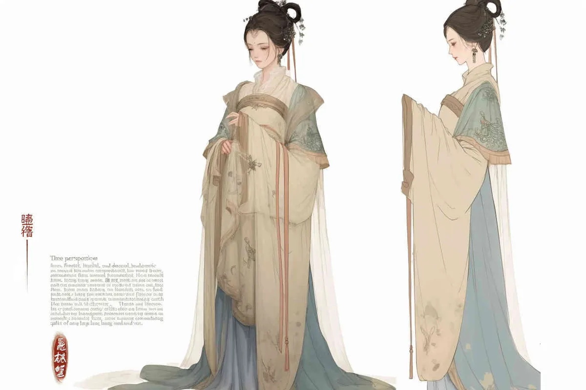 Three views , namely the front view , the side view and the back view，and full body, A rolling curtain maid from the Song Dynasty, with a back figure, two hands lifted ， her split head tied into a bun on both sides of her hair, dressed in Song Dynasty clothing, light blue Hanfu, and a walking pose,  A three view view view, front, side, white background,  ancient style IP design,traditional Chinese ink painting style, minimalism, and ink painting - style4部分