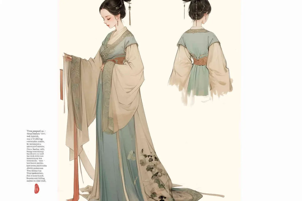 Three views , namely the front view , the side view and the back view，and full body, A rolling curtain maid from the Song Dynasty, with a back figure, two hands lifted ， her split head tied into a bun on both sides of her hair, dressed in Song Dynasty clothing, light blue Hanfu, and a walking pose,  A three view view view, front, side, white background,  ancient style IP design,traditional Chinese ink painting style, minimalism, and ink painting - style1部分