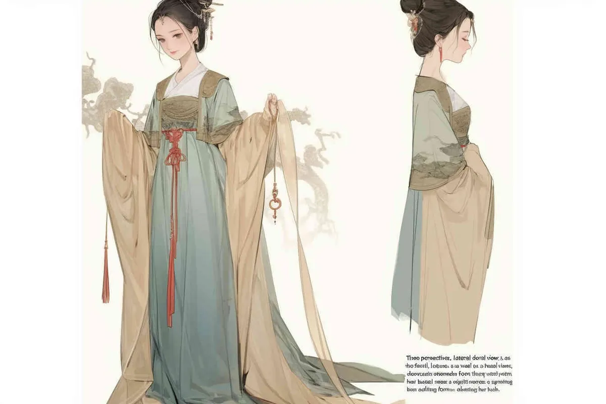 Three views , namely the front view , the side view and the back view，and full body, A rolling curtain maid from the Song Dynasty, with a back figure, two hands lifted ， her split head tied into a bun on both sides of her hair, dressed in Song Dynasty clothing, light blue Hanfu, and a walking pose,  A three view view view, front, side, white background,  ancient style IP design,traditional Chinese ink painting style, minimalism, and ink painting - style2部分