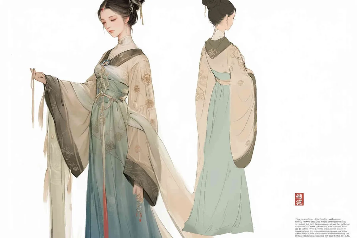 Three views , namely the front view , the side view and the back view，and full body, A rolling curtain maid from the Song Dynasty, with a back figure, two hands lifted ， her split head tied into a bun on both sides of her hair, dressed in Song Dynasty clothing, light blue Hanfu, and a walking pose,  A three view view view, front, side, white background,  ancient style IP design,traditional Chinese ink painting style, minimalism, and ink painting - style3部分