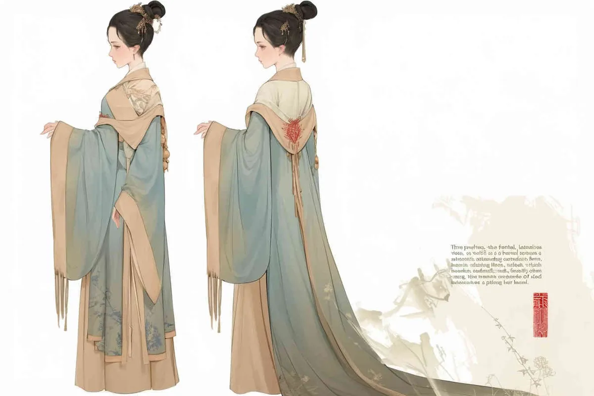 Three views , namely the front view , the side view and the back view，and full body, A rolling curtain maid from the Song Dynasty, with a back figure, two hands lifted ， her split head tied into a bun on both sides of her hair, dressed in Song Dynasty clothing, light blue Hanfu, and a walking pose,  A three view view view, front, side, white background,  ancient style IP design,traditional Chinese ink painting style, minimalism, and ink painting - style4部分