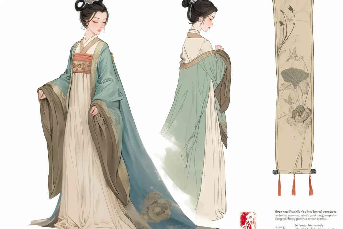 Three views , namely the front view , the side view and the back view，and full body, A rolling curtain maid from the Song Dynasty, with a back figure, two hands lifted ， her split head tied into a bun on both sides of her hair, dressed in Song Dynasty clothing, light blue Hanfu, and a walking pose,  A three view view view, front, side, white background,  ancient style IP design,traditional Chinese ink painting style, minimalism, and ink painting - style1部分