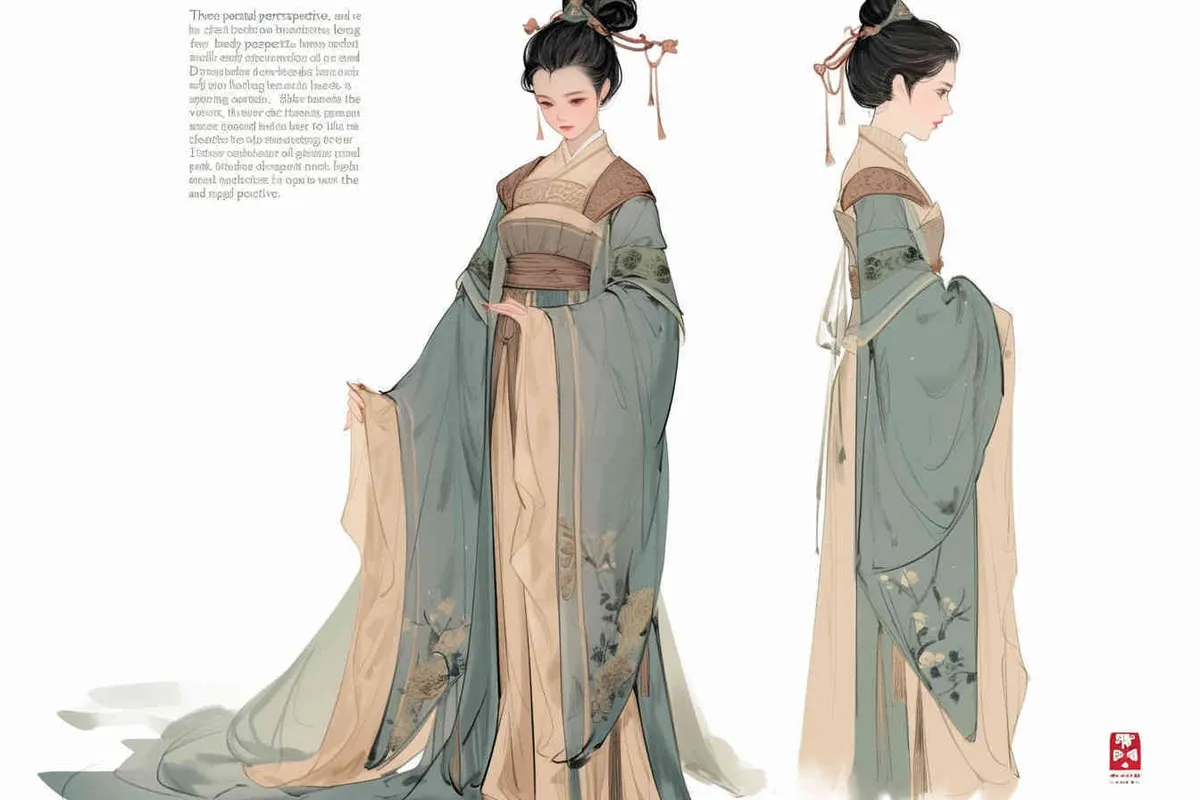 Three views , namely the front view , the side view and the back view，and full body, A rolling curtain maid from the Song Dynasty, with a back figure, two hands lifted ， her split head tied into a bun on both sides of her hair, dressed in Song Dynasty clothing, light blue Hanfu, and a walking pose,  A three view view view, front, side, white background,  ancient style IP design,traditional Chinese ink painting style, minimalism, and ink painting - style2部分
