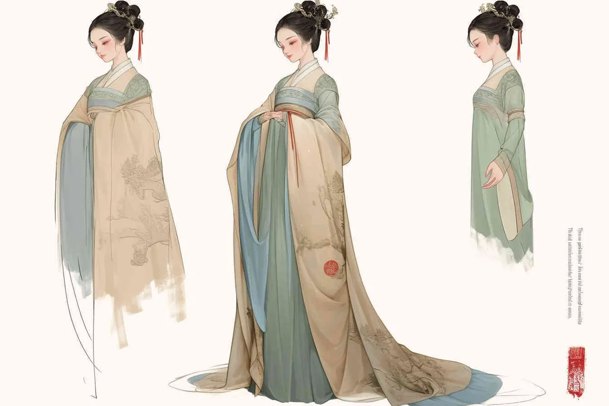 Three views , namely the front view , the side view and the back view，and full body, A rolling curtain maid from the Song Dynasty, with a back figure, two hands lifted ， her split head tied into a bun on both sides of her hair, dressed in Song Dynasty clothing, light blue Hanfu, and a walking pose,  A three view view view, front, side, white background,  ancient style IP design,traditional Chinese ink painting style, minimalism, and ink painting - style4部分