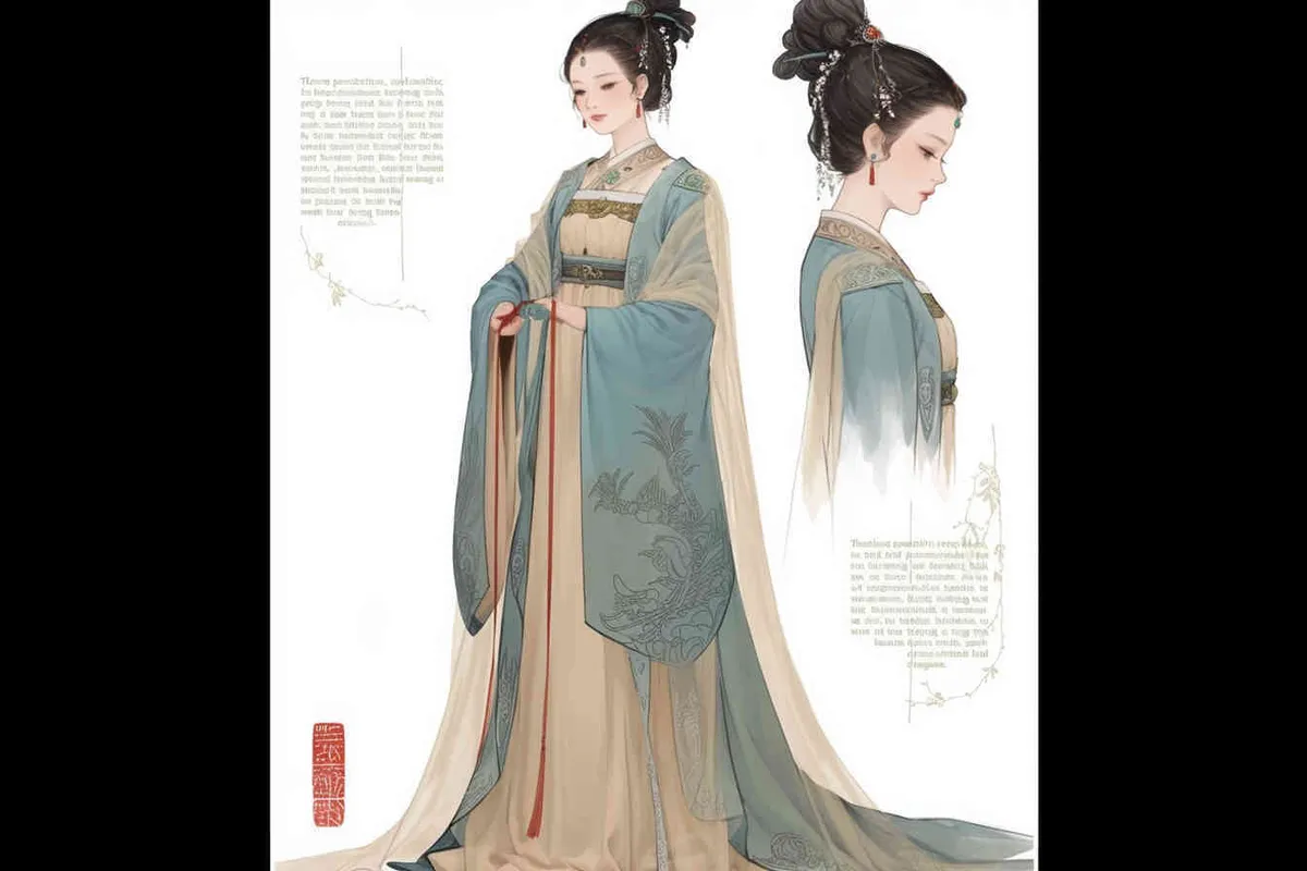 Three views , namely the front view , the side view and the back view，and full body, A rolling curtain maid from the Song Dynasty, with a back figure, two hands lifted ， her split head tied into a bun on both sides of her hair, dressed in Song Dynasty clothing, light blue Hanfu, and a walking pose,  A three view view view, front, side, white background,  ancient style IP design,traditional Chinese ink painting style, minimalism, and ink painting - style1部分