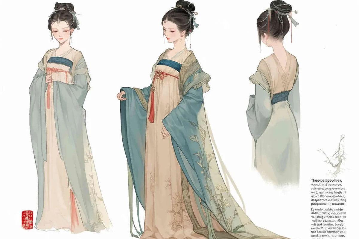 Three views , namely the front view , the side view and the back view，and full body, A rolling curtain maid from the Song Dynasty, with a back figure, two hands lifted ， her split head tied into a bun on both sides of her hair, dressed in Song Dynasty clothing, light blue Hanfu, and a walking pose,  A three view view view, front, side, white background,  ancient style IP design,traditional Chinese ink painting style, minimalism, and ink painting - style2部分