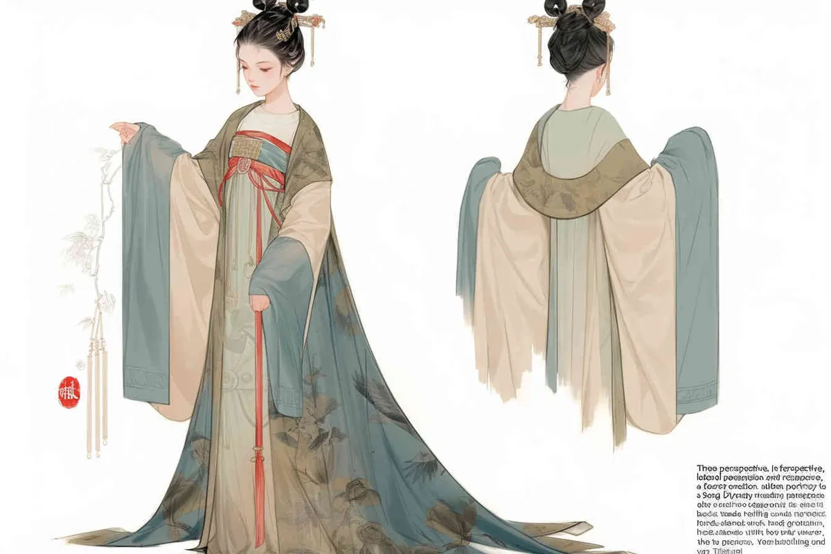 Three views , namely the front view , the side view and the back view，and full body, A rolling curtain maid from the Song Dynasty, with a back figure, two hands lifted ， her split head tied into a bun on both sides of her hair, dressed in Song Dynasty clothing, light blue Hanfu, and a walking pose,  A three view view view, front, side, white background,  ancient style IP design,traditional Chinese ink painting style, minimalism, and ink painting - style4部分
