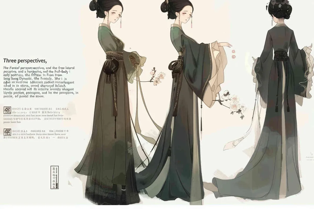 Three views , namely the front view , the side view and the back view，and full body, A fifty year old woman from the Song Dynasty, dressed in black Hanfu, with curled hair, a cross collar, a green lining, a skirt, and a walking pose,  A three view view view, front, side,  DeI stijil,chibi style, white background,  ancient style IP design,traditional Chinese ink painting style, minimalism, and ink painting,back view - style2部分