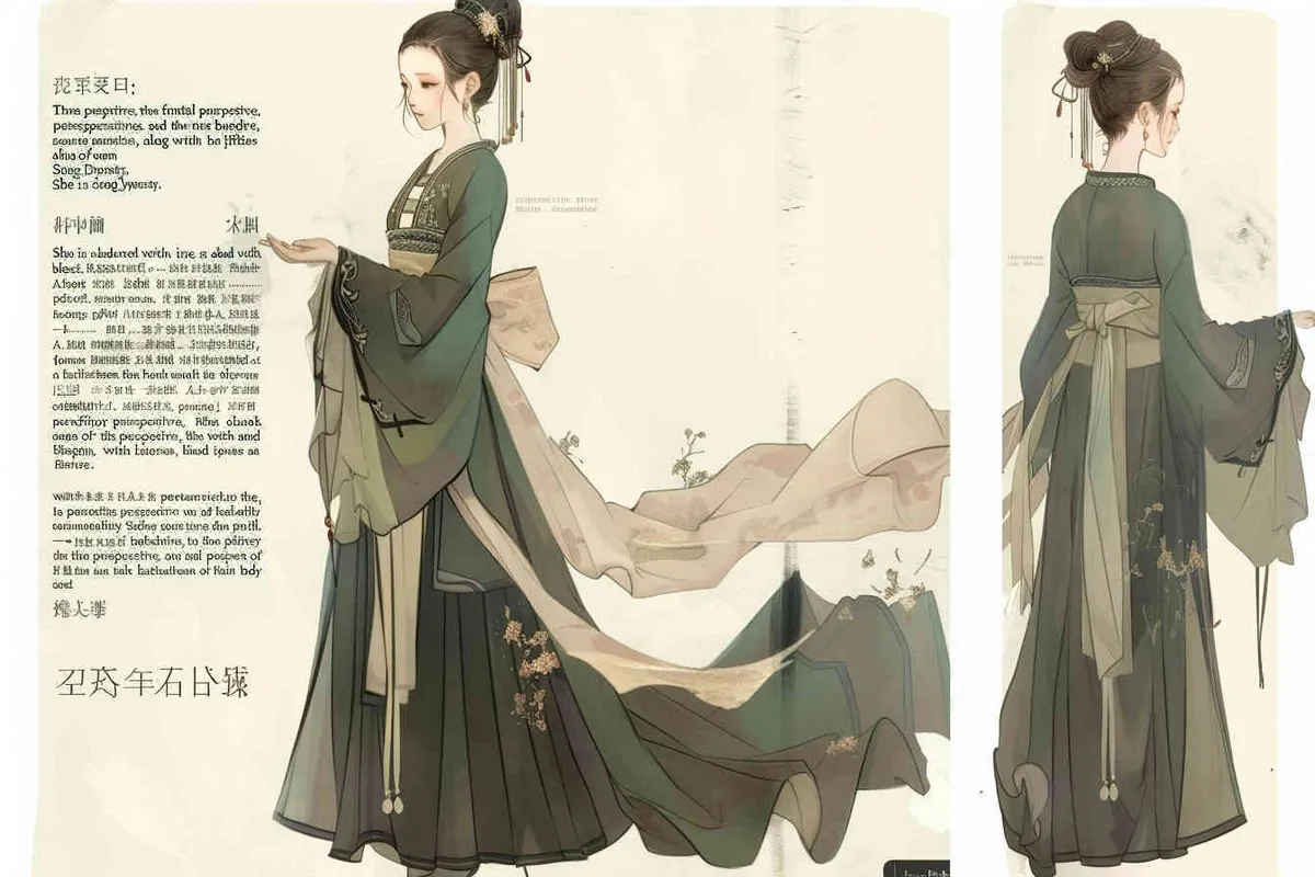 Three views , namely the front view , the side view and the back view，and full body, A fifty year old woman from the Song Dynasty, dressed in black Hanfu, with curled hair, a cross collar, a green lining, a skirt, and a walking pose,  A three view view view, front, side,  DeI stijil,chibi style, white background,  ancient style IP design,traditional Chinese ink painting style, minimalism, and ink painting,back view - style3部分