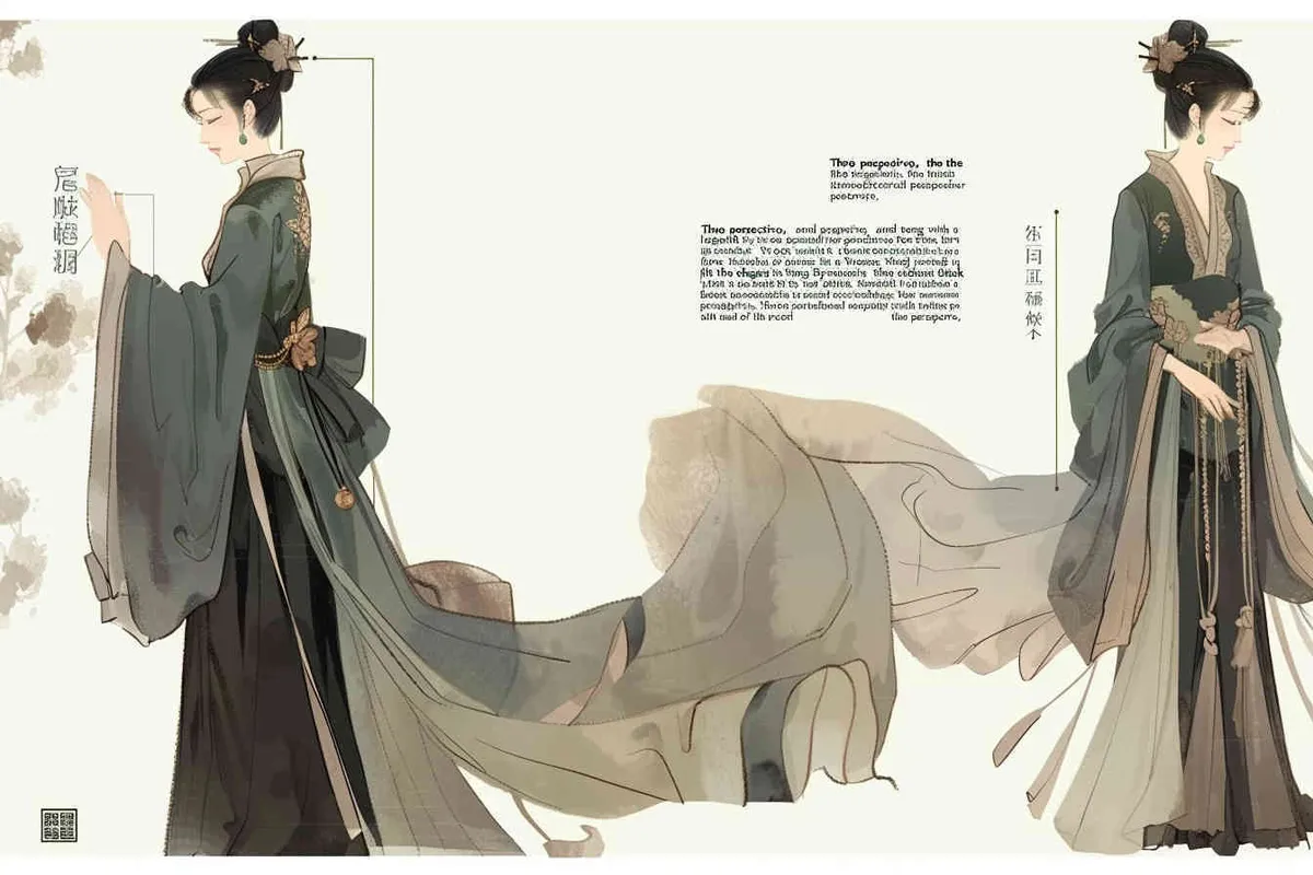 Three views , namely the front view , the side view and the back view，and full body, A fifty year old woman from the Song Dynasty, dressed in black Hanfu, with curled hair, a cross collar, a green lining, a skirt, and a walking pose,  A three view view view, front, side,  DeI stijil,chibi style, white background,  ancient style IP design,traditional Chinese ink painting style, minimalism, and ink painting,back view - style4部分
