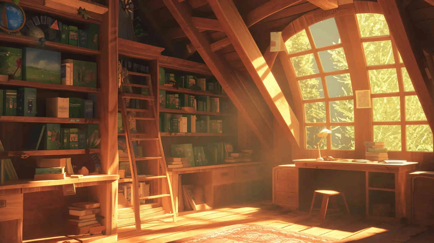 A wooden bookshelf filled with children's books, in a sunny cabin with blue sky and sunshine outside. Illustrated in style, panoramic, natural light, 8k, fine details, 16:9 - style1部分