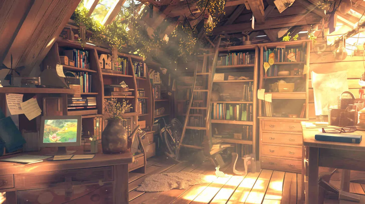 A wooden bookshelf filled with children's books, in a sunny cabin with blue sky and sunshine outside. Illustrated in style, panoramic, natural light, 8k, fine details, 16:9 - style2部分