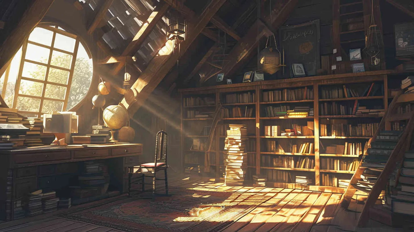 A wooden bookshelf filled with children's books, in a sunny cabin with blue sky and sunshine outside. Illustrated in style, panoramic, natural light, 8k, fine details, 16:9 - style4部分