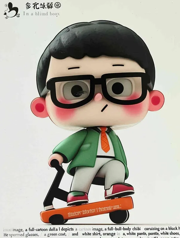 Blind box, ip image, full body, chibi,Cartoon doll, q-version,  middle aged man riding a roller kating car,  with black hair, black framed glasses,  smile ,  green coat, white shirt, orange tie, white pants, red shoes,  an orange roller skating car，white background, natural light,  super detail, 3D, C4D, Blender, OC renderer, ultra-high definition, 3D rendering - style1部分