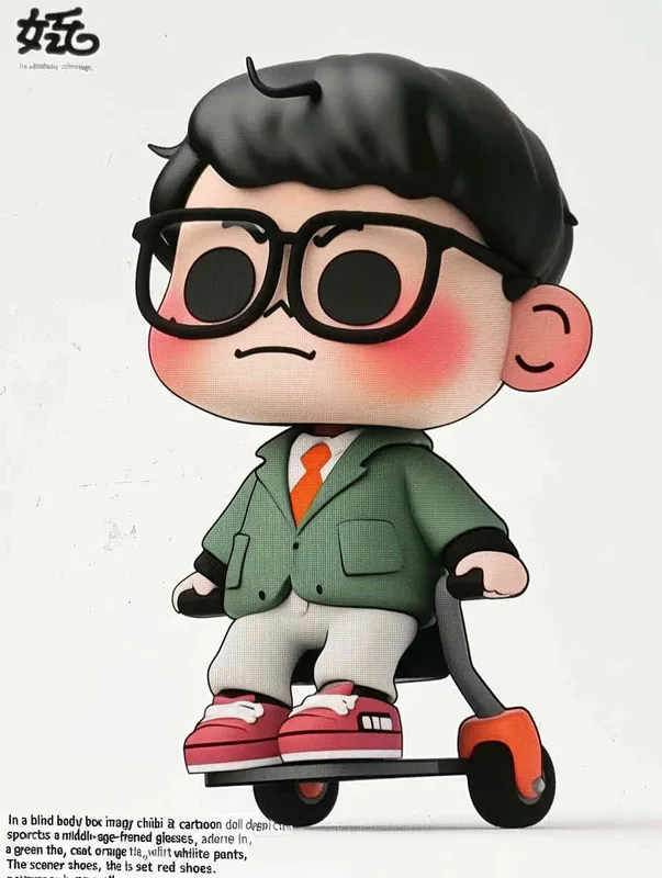 Blind box, ip image, full body, chibi,Cartoon doll, q-version,  middle aged man riding a roller kating car,  with black hair, black framed glasses,  smile ,  green coat, white shirt, orange tie, white pants, red shoes,  an orange roller skating car，white background, natural light,  super detail, 3D, C4D, Blender, OC renderer, ultra-high definition, 3D rendering - style2部分