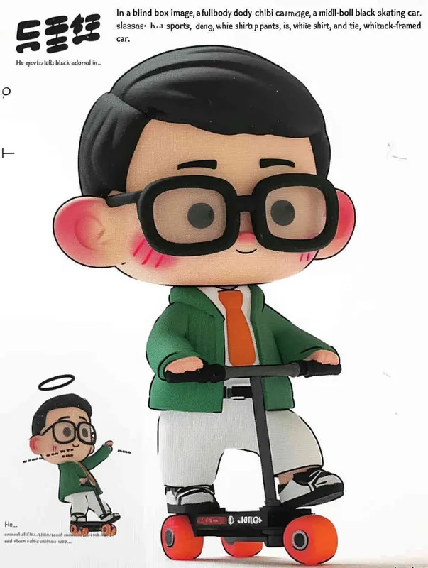 Blind box, ip image, full body, chibi,Cartoon doll, q-version,  middle aged man riding a roller kating car,  with black hair, black framed glasses,  smile ,  green coat, white shirt, orange tie, white pants, red shoes,  an orange roller skating car，white background, natural light,  super detail, 3D, C4D, Blender, OC renderer, ultra-high definition, 3D rendering - style3部分