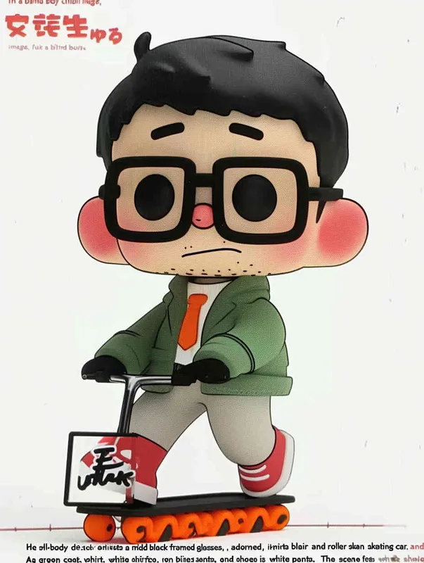 Blind box, ip image, full body, chibi,Cartoon doll, q-version,  middle aged man riding a roller kating car,  with black hair, black framed glasses,  smile ,  green coat, white shirt, orange tie, white pants, red shoes,  an orange roller skating car，white background, natural light,  super detail, 3D, C4D, Blender, OC renderer, ultra-high definition, 3D rendering - style4部分