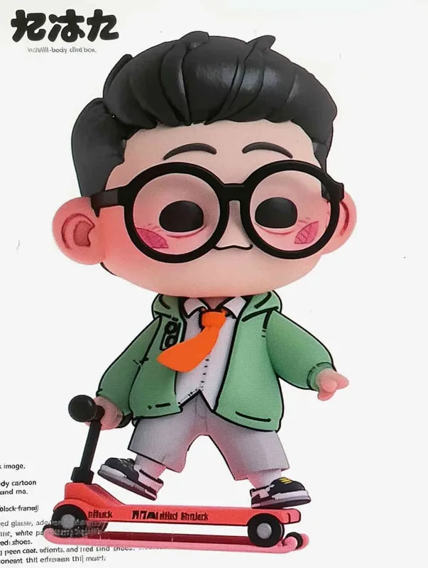 Blind box, ip image, full body, chibi,Cartoon doll, q-version,  middle aged man riding a roller kating car,  with black hair, black framed glasses,  smile ,  green coat, white shirt, orange tie, white pants, red shoes,  an orange roller skating car，white background, natural light,  super detail, 3D, C4D, Blender, OC renderer, ultra-high definition, 3D rendering - style3部分