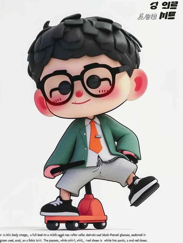 Blind box, ip image, full body, chibi,Cartoon doll, q-version,  middle aged man riding a roller kating car,  with black hair, black framed glasses,  smile ,  green coat, white shirt, orange tie, white pants, red shoes,  an orange roller skating car，white background, natural light,  super detail, 3D, C4D, Blender, OC renderer, ultra-high definition, 3D rendering - style4部分