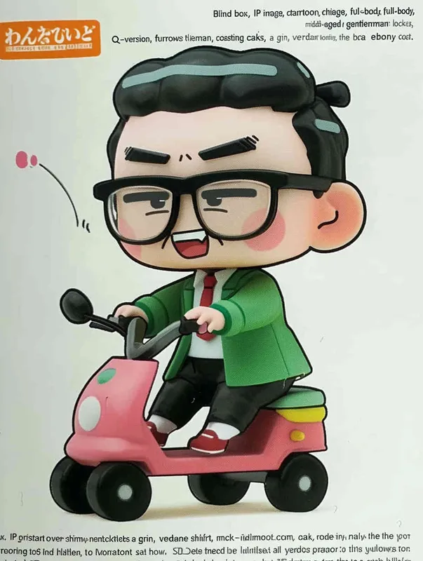 blind box, ip image, full body, chibi,Cartoon doll, q-version,  wrinkles on one's forehead，middle aged man riding a roller kating car,  with black hair, black framed glasses,  smile ,  green coat, white shirt, orange tie, white pants, red shoes,  an orange roller skating car，white background, natural light,  super detail, 3D, C4D, Blender, OC renderer, ultra-high definition, 3D rendering - style1部分
