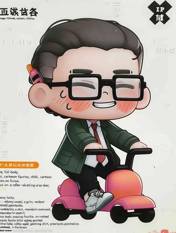 blind box, ip image, full body, chibi,Cartoon doll, q-version,  wrinkles on one's forehead，middle aged man riding a roller kating car,  with black hair, black framed glasses,  smile ,  green coat, white shirt, orange tie, white pants, red shoes,  an orange roller skating car，white background, natural light,  super detail, 3D, C4D, Blender, OC renderer, ultra-high definition, 3D rendering - style3部分