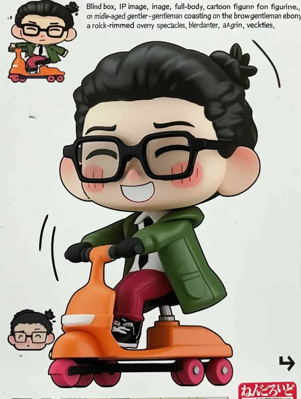 blind box, ip image, full body, chibi,Cartoon doll, q-version,  wrinkles on one's forehead，middle aged man riding a roller kating car,  with black hair, black framed glasses,  smile ,  green coat, white shirt, orange tie, white pants, red shoes,  an orange roller skating car，white background, natural light,  super detail, 3D, C4D, Blender, OC renderer, ultra-high definition, 3D rendering - style4部分