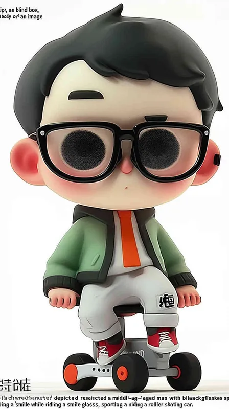 blind box, ip image, full body, chibi,Cartoon doll, q-version,  wrinkles on one's forehead，middle aged man riding a roller kating car,  with black hair, black framed glasses,  smile ,  green coat, white shirt, orange tie, white pants, red shoes,  an orange roller skating car，white background, natural light,  super detail, 3D, C4D, Blender, OC renderer, ultra-high definition, 3D rendering - style3部分