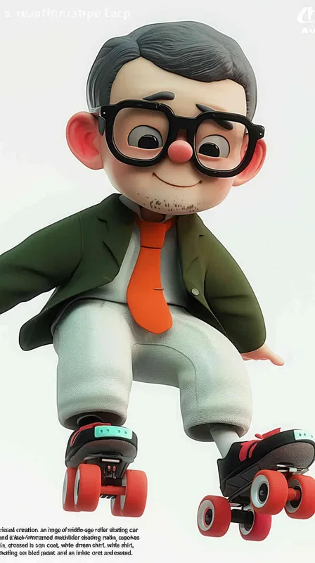 blind box, ip image, full body, chibi,Cartoon doll, q-version,  wrinkles on one's forehead，middle aged man riding a roller kating car,  with black hair, black framed glasses,  smile ,  green coat, white shirt, orange tie, white pants, red shoes,  an orange roller skating car，white background, natural light,  super detail, 3D, C4D, Blender, OC renderer, ultra-high definition, 3D rendering - style1部分